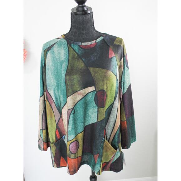 NWT Jess & Jane Size XL Stained Glass Brushed Suede Knit Top Made in USA Artsy - Picture 1 of 4
